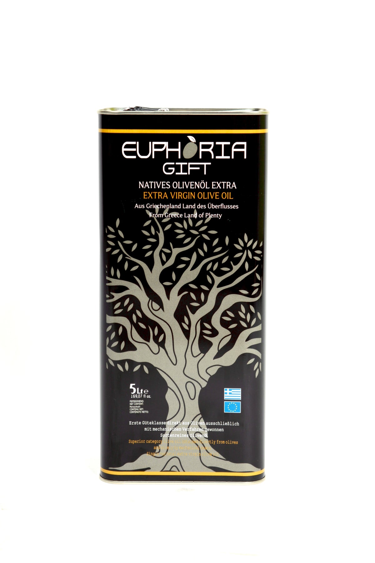 Euphoria Gift 5L Natives Olivenöl Extra tin displayed on a white background showing the front label with Greek olive tree design."