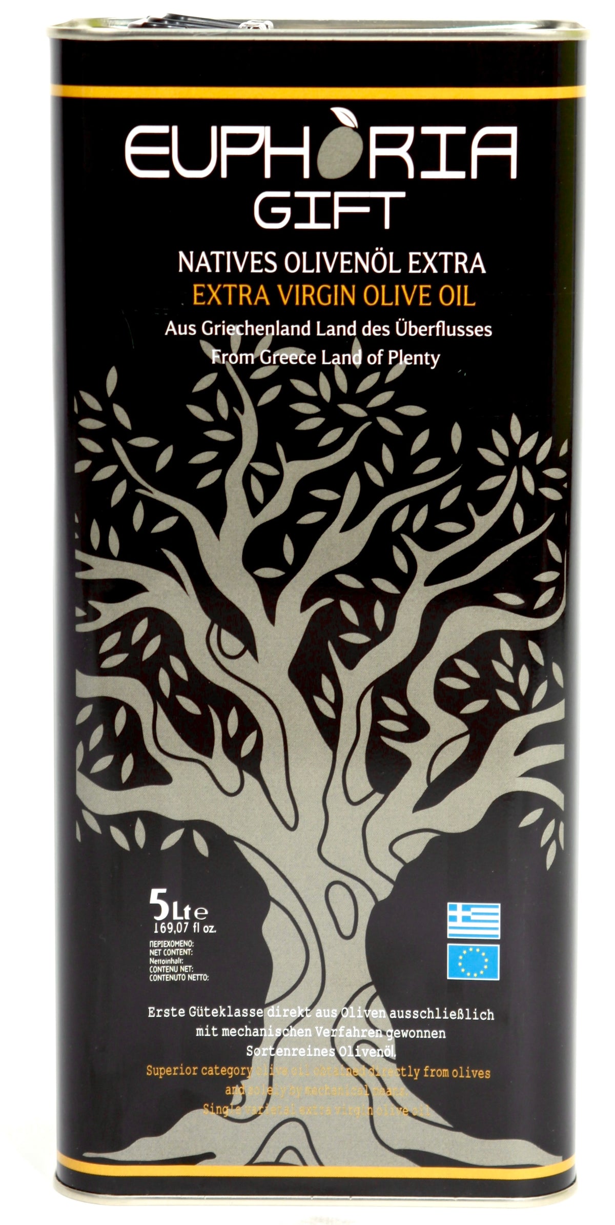 Euphoria Gift 5L Natives Olivenöl Extra tin displayed on a white background showing the front label with Greek olive tree design."