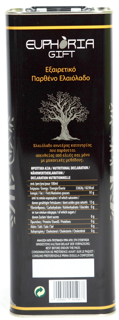 Euphoria Gift 5L Extra Virgin Olive Oil tin, product detail shot."