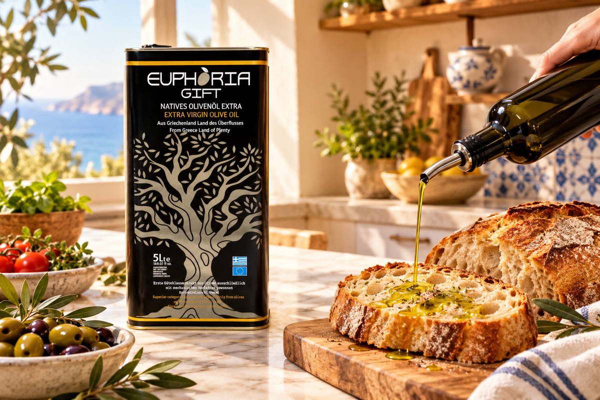 Euphoria Gift 5L Extra Virgin Olive Oil tin beside a wooden cutting board with rustic sourdough bread being drizzled with golden olive oil, with a Mediterranean coastal kitchen in the background."