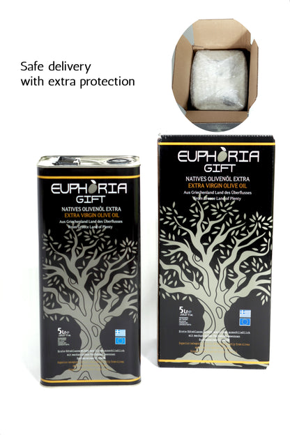Euphoria Gift 5L tin and outer shipping box shown on white background, English packaging."