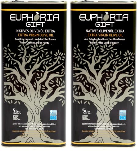 Two Euphoria Gift 5L Extra Virgin Olive Oil tins side by side on a white background, shown as a twin pack