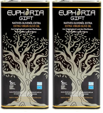 Two Euphoria Gift 5L Extra Virgin Olive Oil tins side by side on a white background, shown as a twin pack