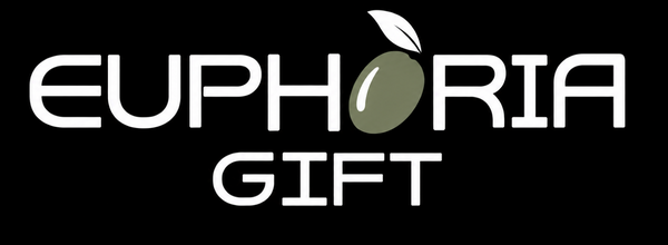 Euphoria Gift logo on a black background, with white text and a stylized olive-green oval with a white leaf representing the letter O.